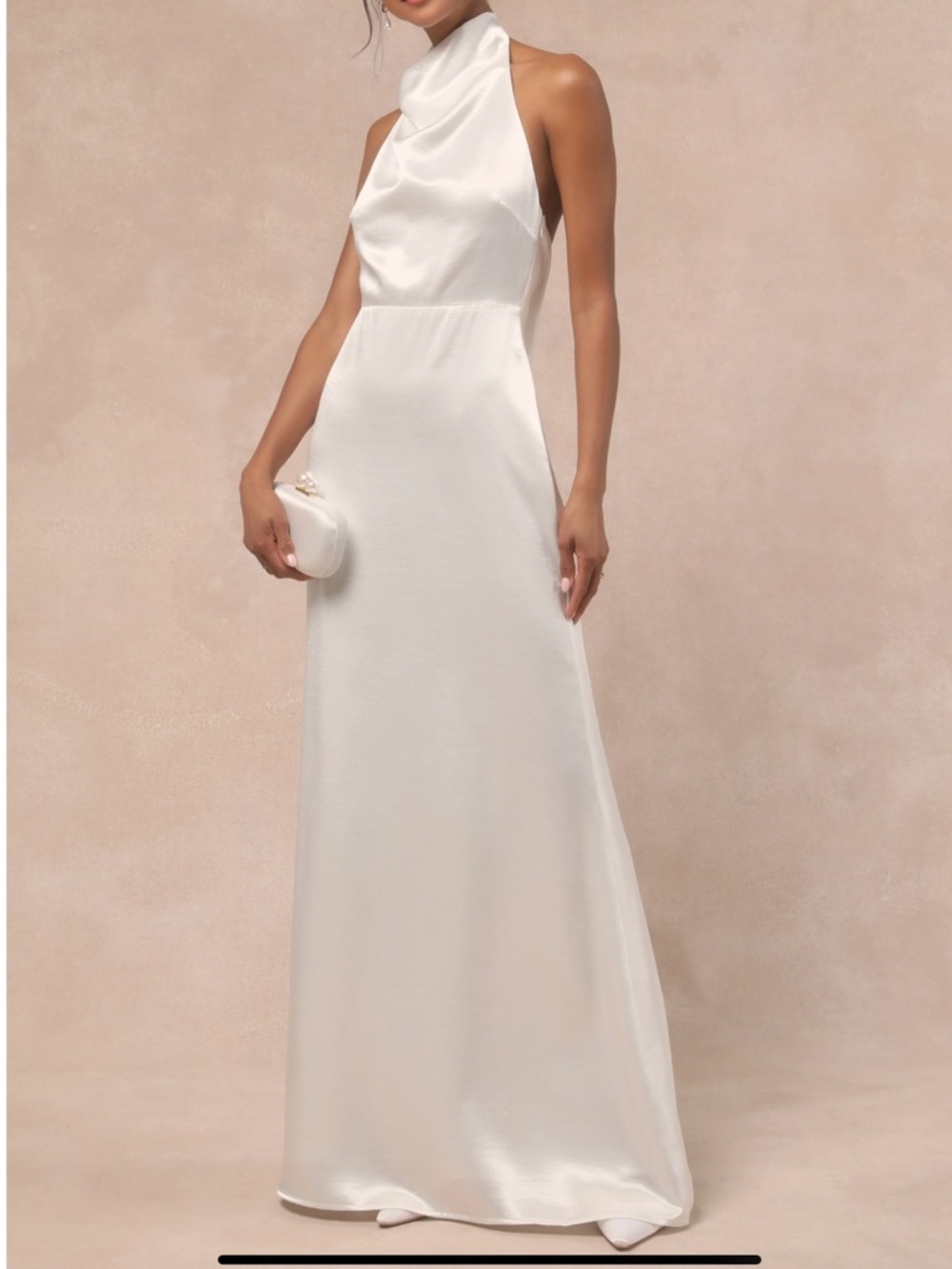 Lulus Meliana Shimmering White Satin Halter Backless Maxi Dress XL